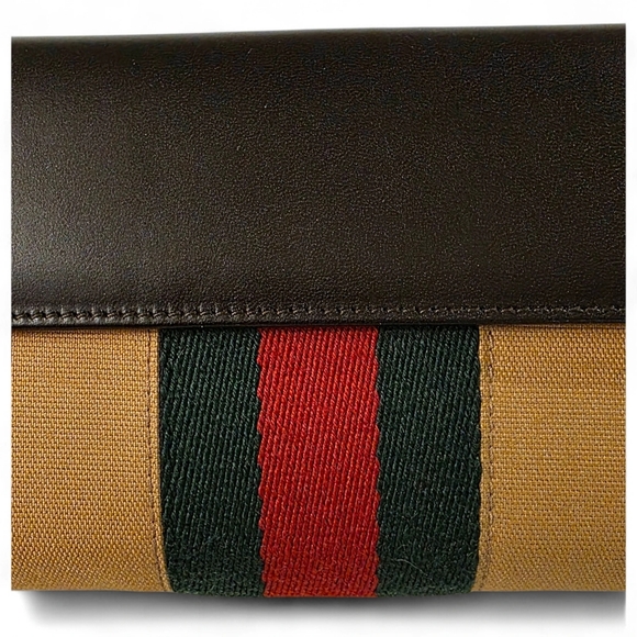 Vintage Gucci Sherry Web Beige Canvas & Brown Leather Wallet Made in Italy - Picture 5 of 11